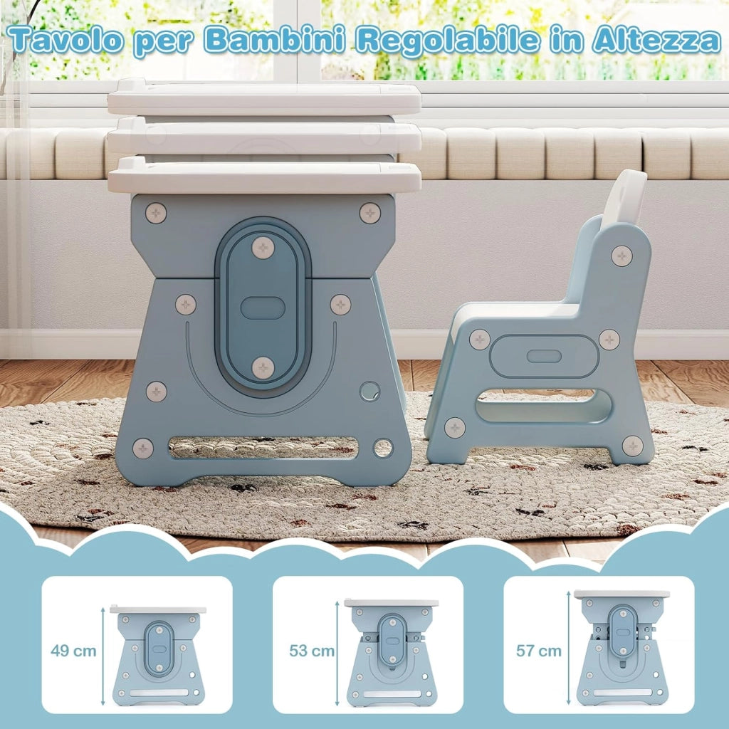 Set Tavolo e Sedia per Bambini 3+ Anni, Tavolo Regolabile in Altezza con Lavagna Inclinabile, Sedia Ergonomica, Supporto per Libri e Ripiano Concavo, per Disegnare e Leggere (Blu)