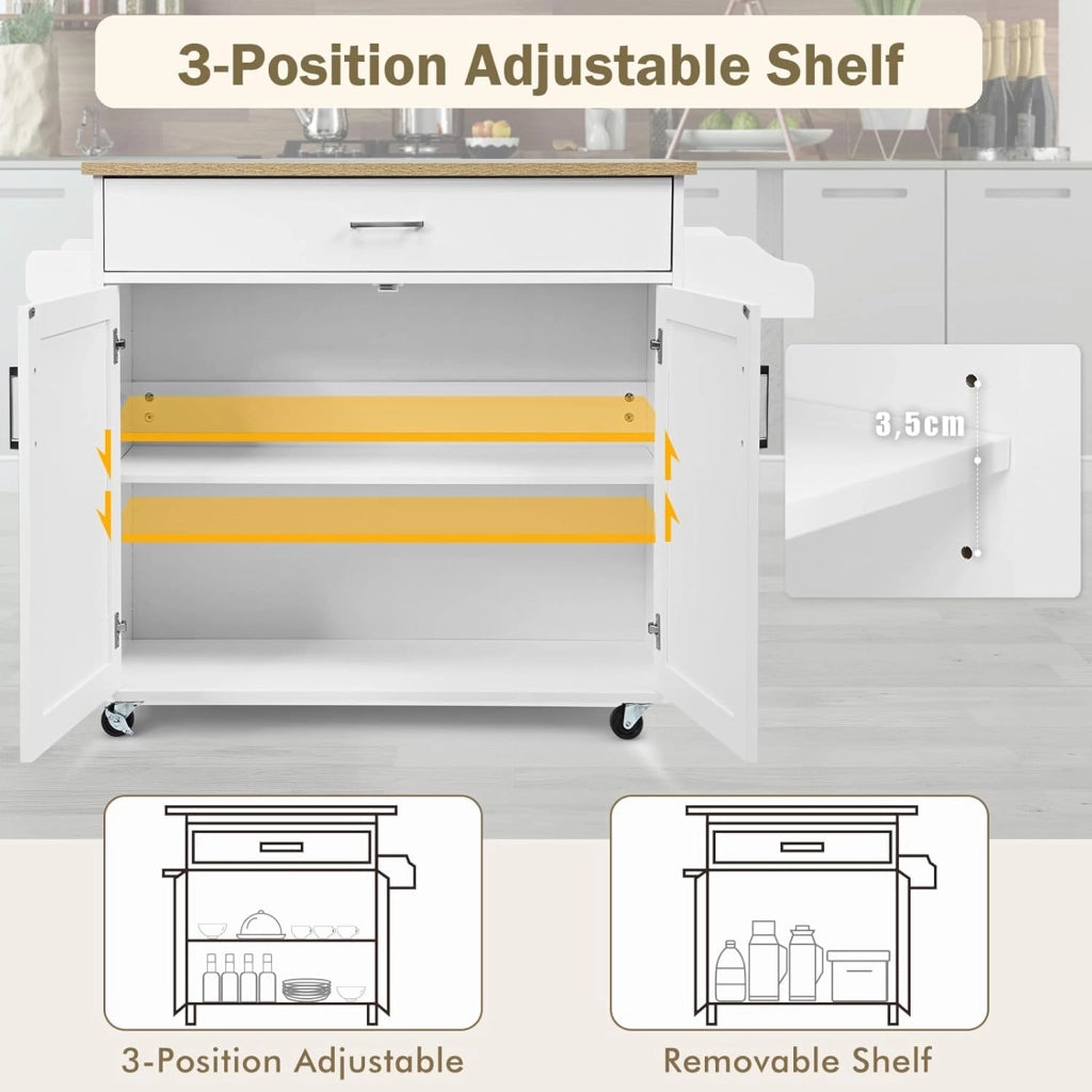 Carrello da Cucina con Ruote di Gomma, Isola Cucina con Cassetto e Ripiano Regolabile, Mobile Credenza Salvaspazio Porta Microonde, Portaspezie, Portasciugamani, 116 x 40 x 85 cm (Bianco)