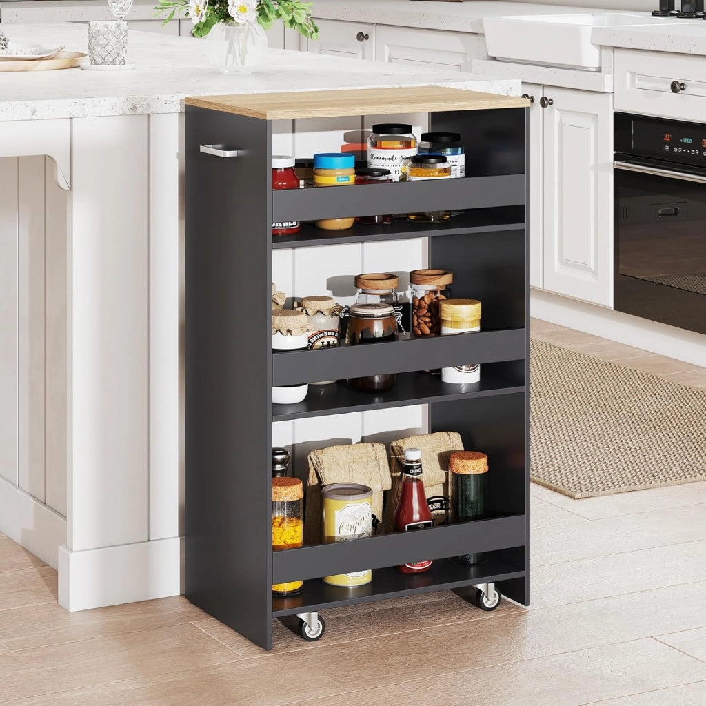 Carrello per Nicchia con Ruote, 4 Livelli，Carrello di Servizio Stretto Salvaspazio, da Bagno, Scaffale da Cucina Sottile 47,5 x 13 x 80,5 cm (Naturale+Grigio, Largo 30 cm)