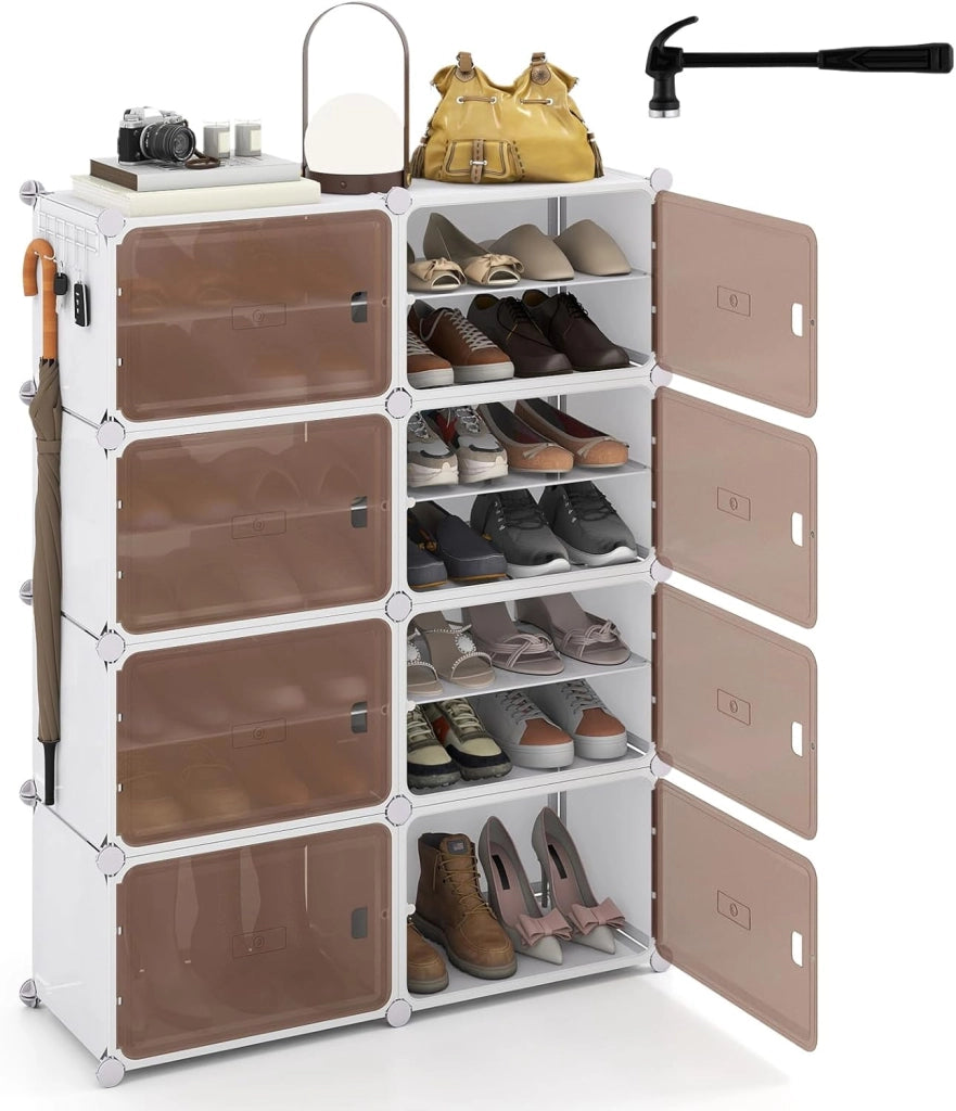 Scarpiera Salvaspazio a 8 Scomparti, Porta Scarpe da 32 Paia con Mensole Rimovibili, Ganci Laterali e Porte Magnetiche, Scatole per Scarpe Impilabile in Plastica (95×32×126 cm)
