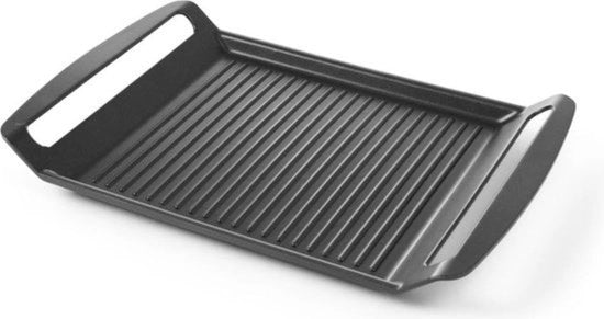 Piatta grill, adatta a tutte le fonti di calore, anche in induzione, realizzata in alluminio fuso con teflon, rivestimento antiaderente, 390 x 260 x 9 H 35 mm, alluminio