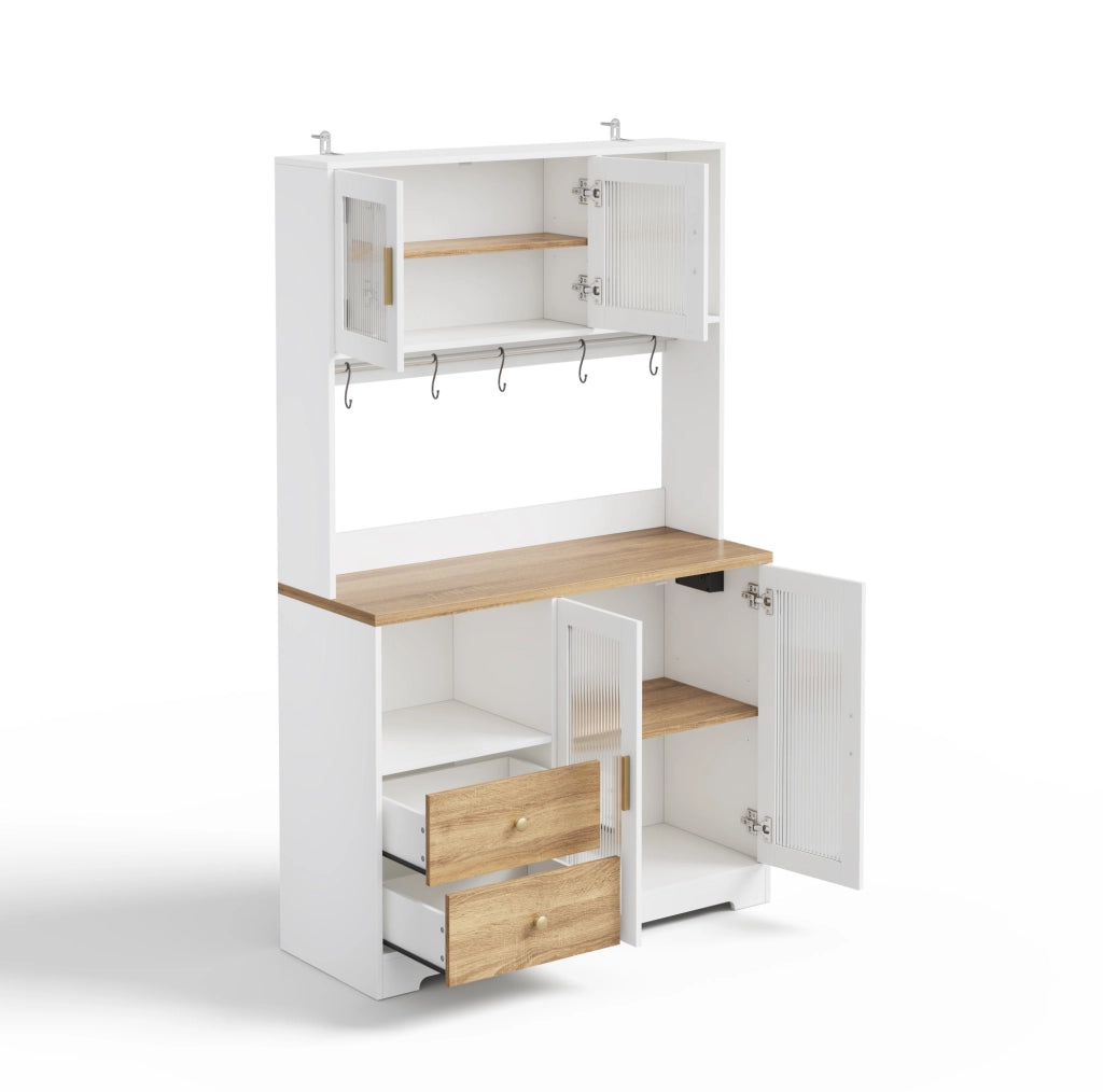 Credenza cucina 110x40x178 cm con LED e prese; vetri temperati; MDF naturale e bianco