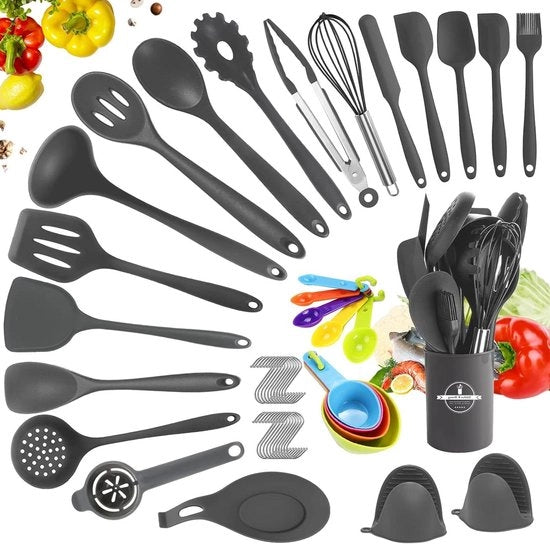 Set di accessori per cucina da 49 pezzi - Set di utensili da cucina in silicone - Grigio scuro