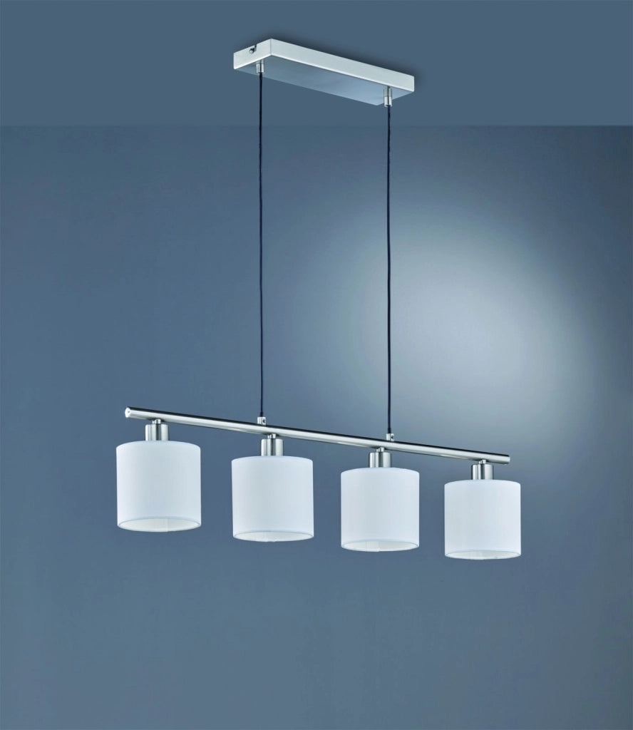 TOMMY SOSPENSIONE CON 4 DIFFUSORI ATTACCO E14 PARALUMI BIANCHI BASE METALLO ACCIAIO SATINATO L.75CM