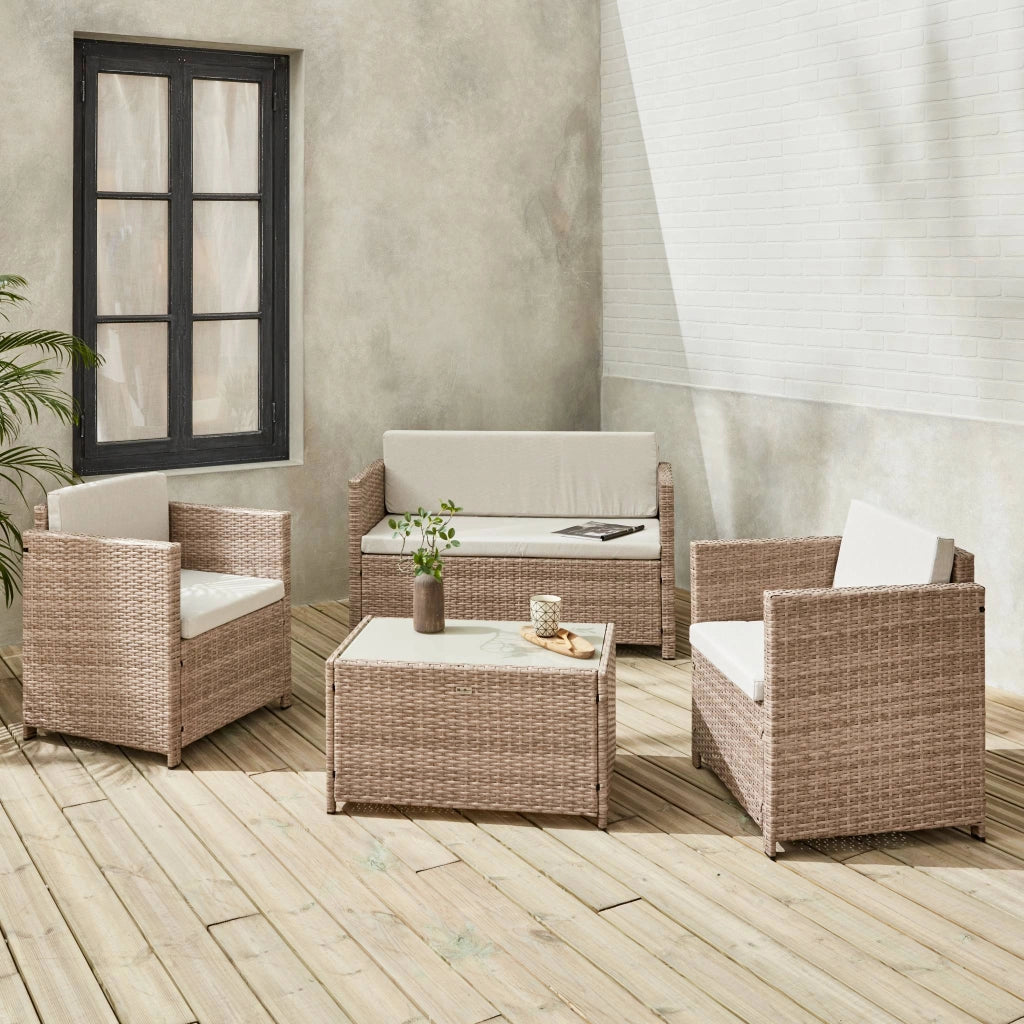 Salotto da giardino in resina intrecciata, 4 posti, marrone naturale