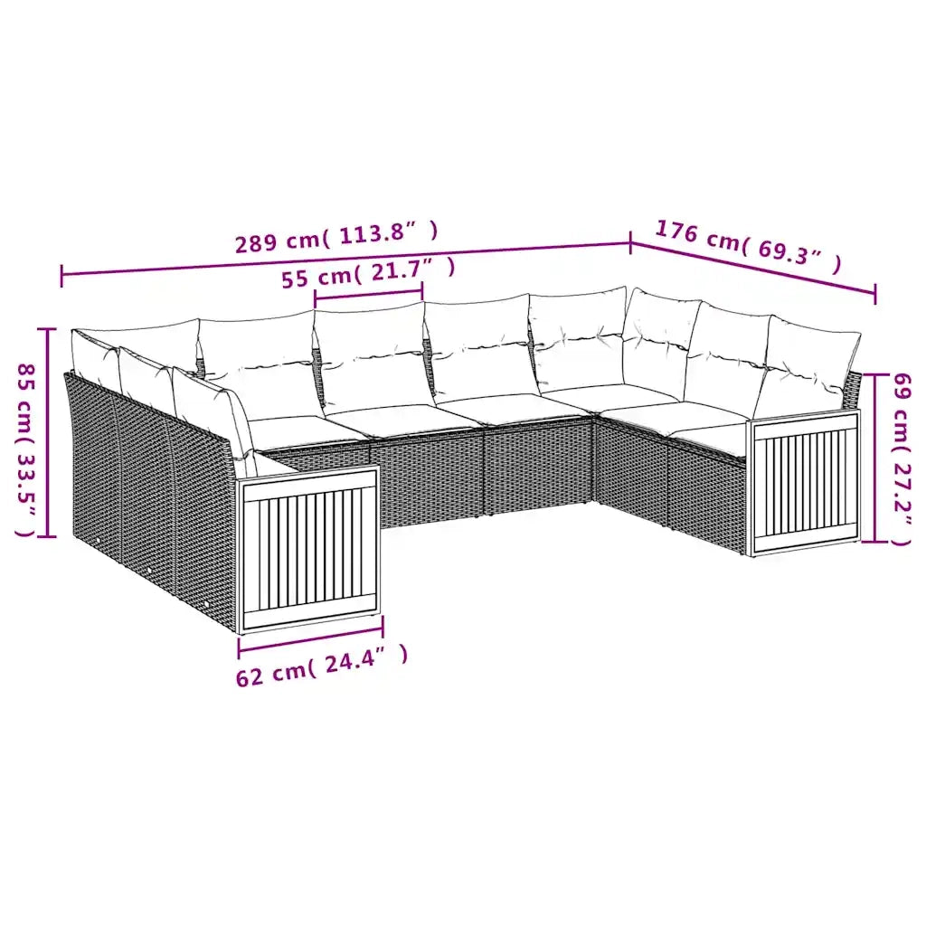 Set Divani da Giardino 9 pz con Cuscini Nero in Polyrattan 3227954