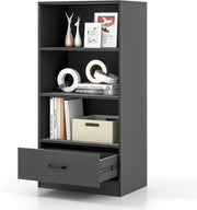 Mensola con cassetto, Libreria 4 Livelli con 3 Vani Aperti, Mensola in Legno per Soggiorno, Camera da letto, Ufficio (Grigio)