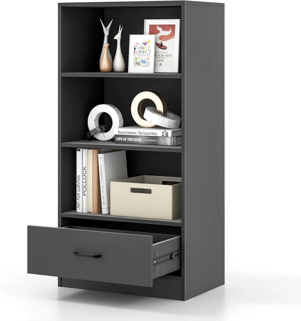 Mensola con cassetto, Libreria 4 Livelli con 3 Vani Aperti, Mensola in Legno per Soggiorno, Camera da letto, Ufficio (Grigio)