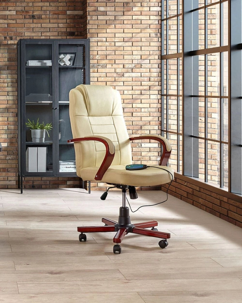 Sedia da Massaggio in Vera Pelle Beige Girevole Altezza Regolabile