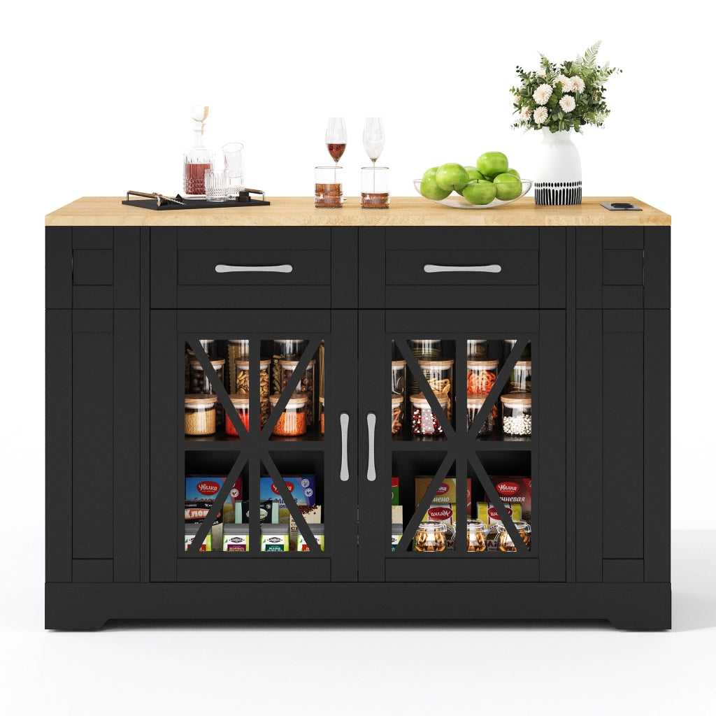 Isola cucina mobile 120 cm con piano ribaltabile, prese AC e USB, ante in vetro, ruote frenate