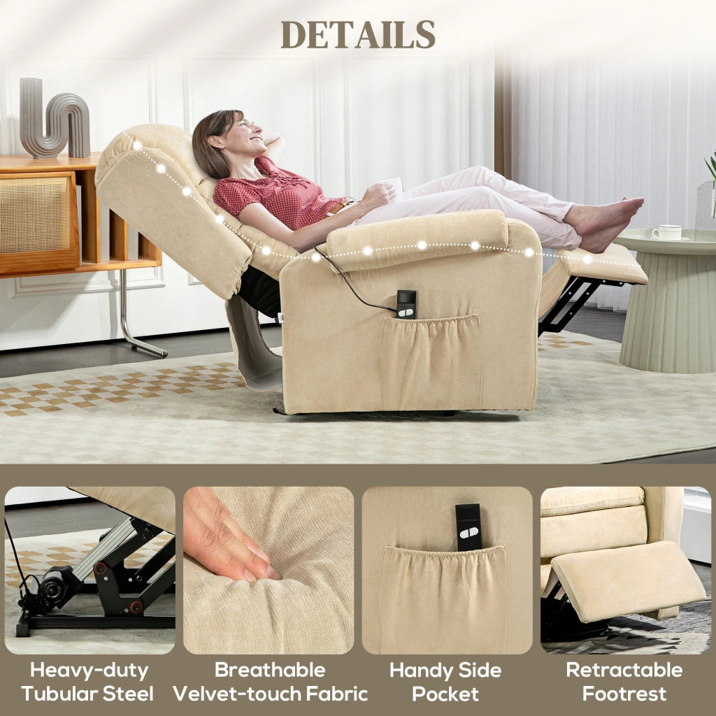 Poltrona Alzapersona Reclinabile a 160° con Poggiapiedi e Telecomando 85x88x109 cm in Velluto Crema