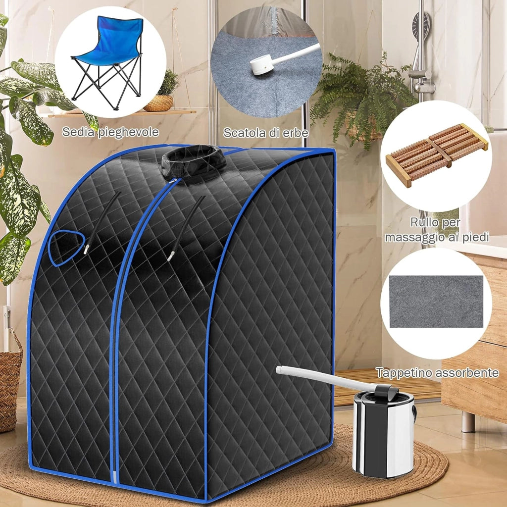 Cabina Sauna a Vapore, Sauna da Casa con Sedia, Telecomando, Timer e Temperatura Regolabili, con Funzione Atomizzazione e Coperchio di Vetro Temperato Antiscoppio (Nero)