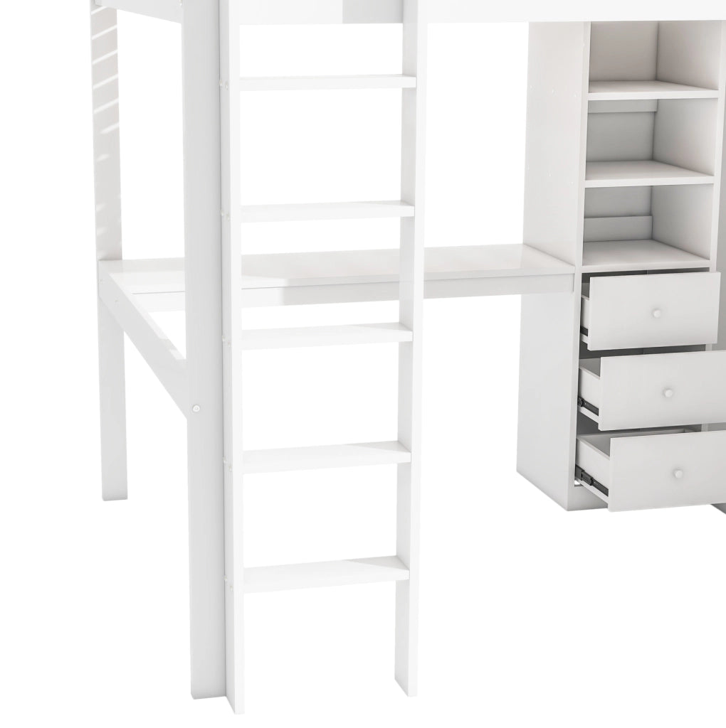 Letto a soppalco 140x200 cm bianco con scrivania, armadio, 3 cassetti e scala