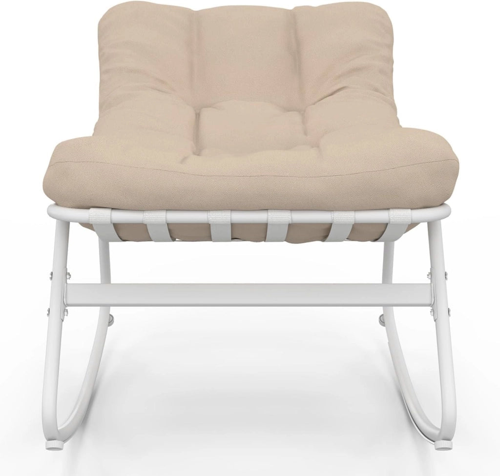 Set di 2 sedie a Dondolo da Giardino Arona, Bianche con Cuscini Beige