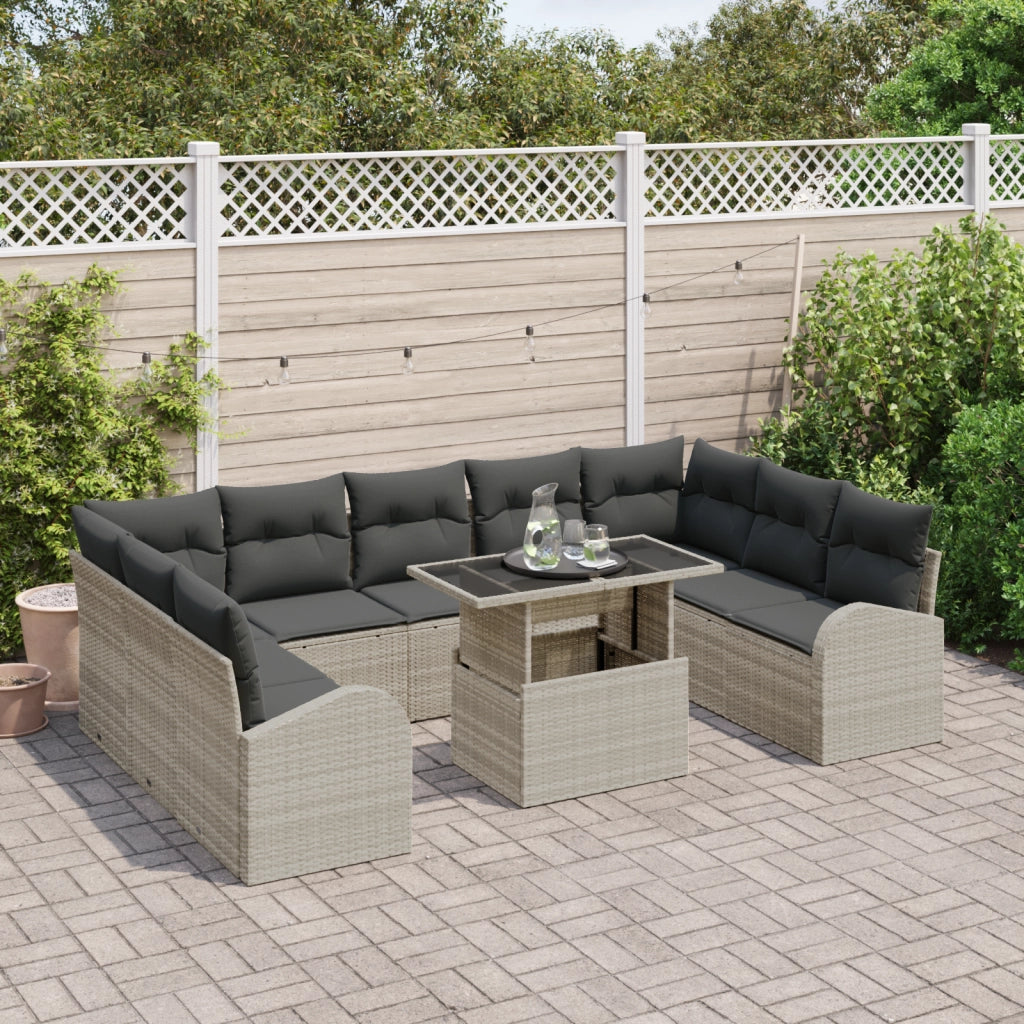 Set di Divani da Giardino a 10 Pezzi con Cuscini Grigio Chiaro Polyrattan