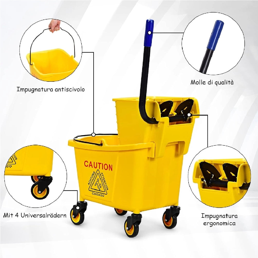 Carrello Pulizie Professionale con Secchio Lavapavimenti 20LT e 4 Ruote Mobili