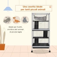 Gabbia per Porcellini d'India e Cincillà in Acciaio con 3 Piani, Ruote e Vassoio Rimovibile, Grigio Chiaro
