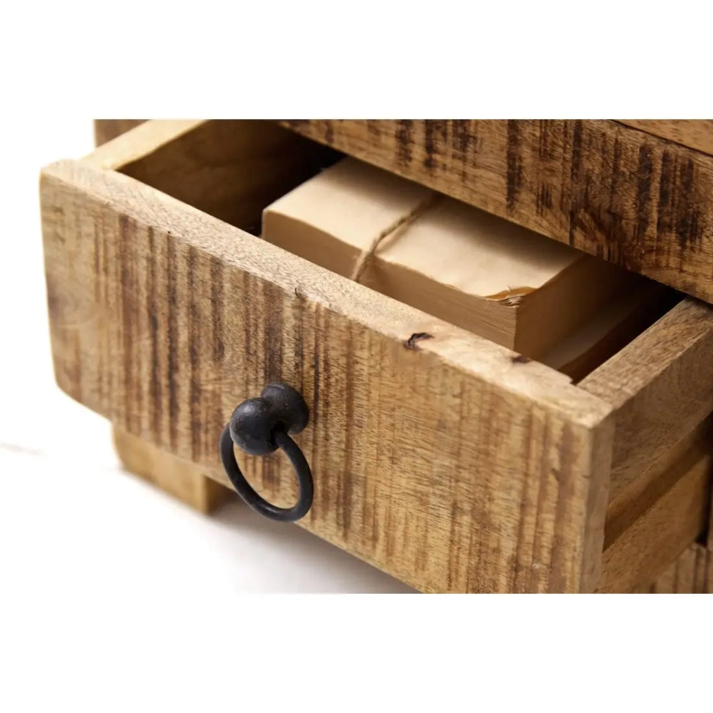 Tavolino quadrato LODEN 70 cm in legno massiccio di mango con cassapanca e 4 cassetti - stile industriale
