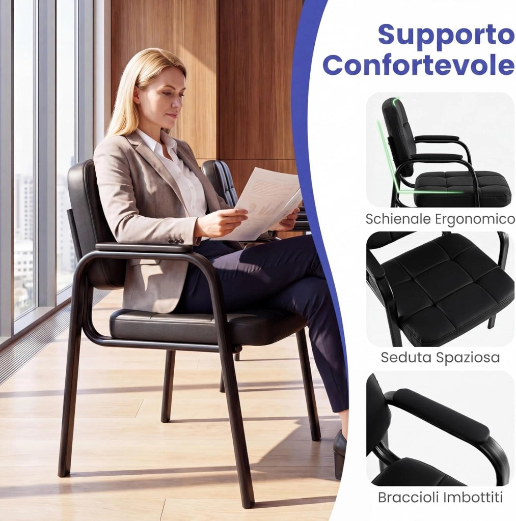 Set di 2 Sedie Scrivania, Sedie da Ufficio senza Ruote, con Braccioli Imbottiti e Schienale Ergonomico, Struttura in Metallo Resistente, per Sala Riunioni, Studio, Portata 150 kg