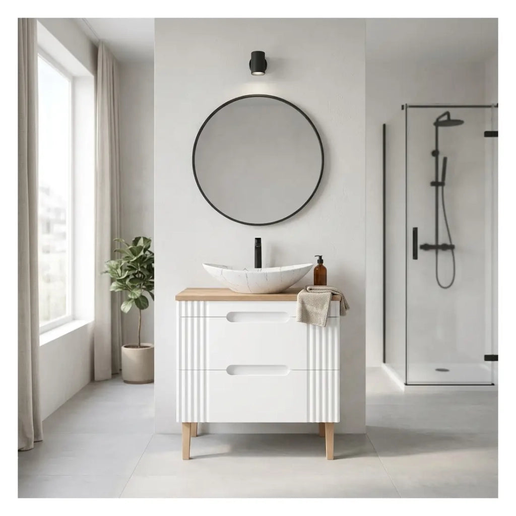 Set FIDJI: mobile sottolavabo 80cm + piano per lavabo + lavabo da appoggio ovale asimmetrico effetto marmo + piedi