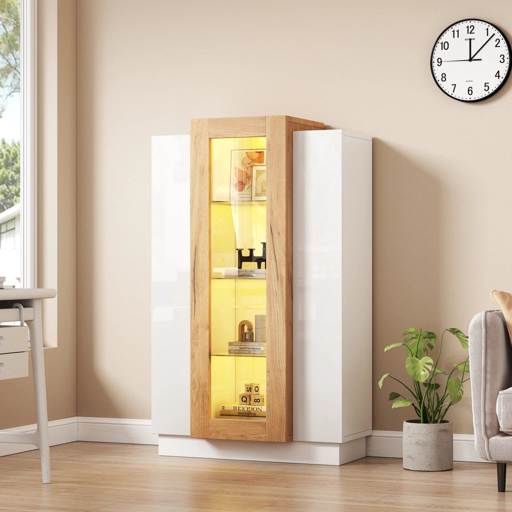Vetrina soggiorno 74x40x120 cm con 3 ante, LED controllabile via app, struttura in truciolare e finitura bianco/effetto legno
