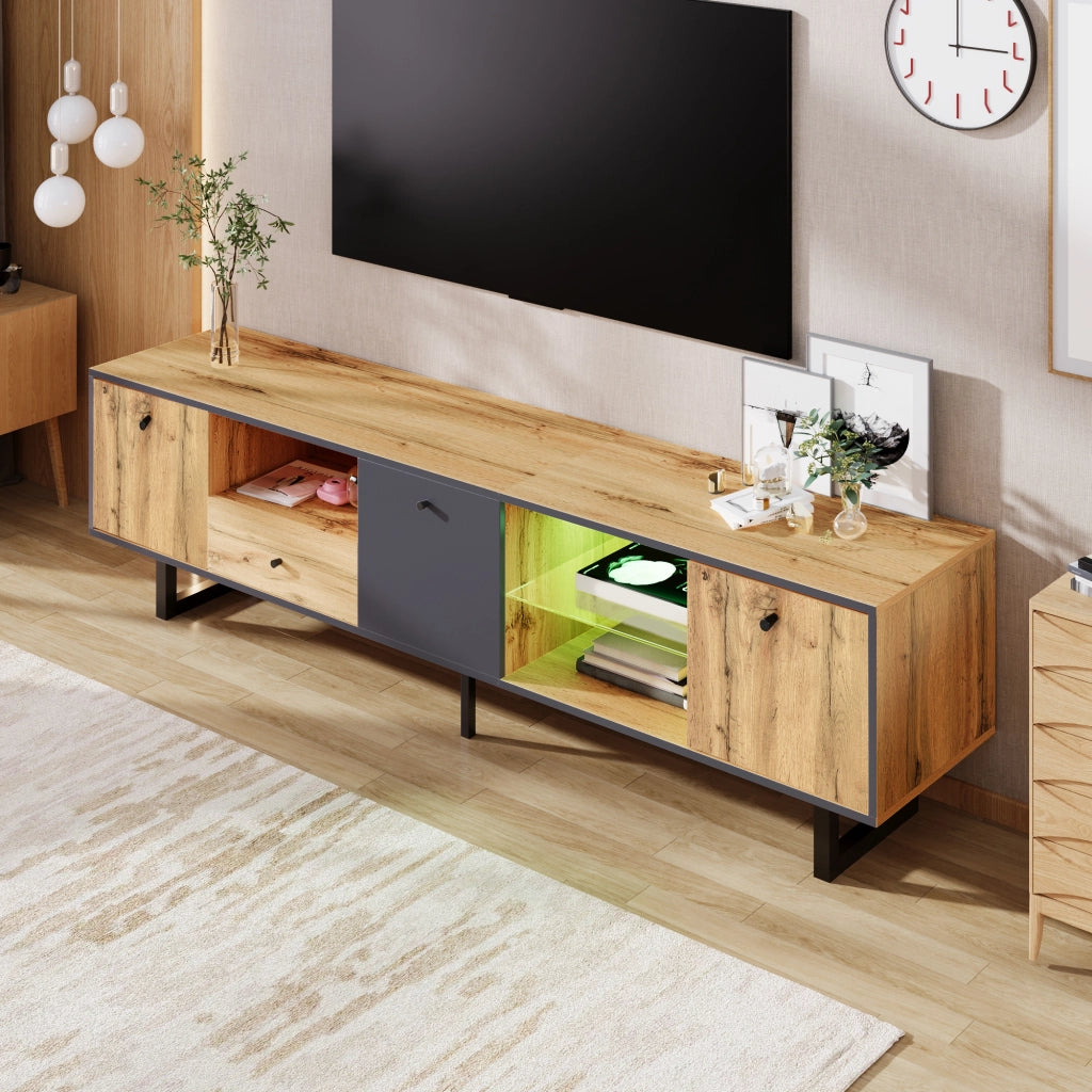 Mobile TV con 3 Ante; 1 Cassetto e 3 Vani e LED; Ripiani in Vetro; Stile Industriale; in Truciolare; Naturale; 190??40??50 cm