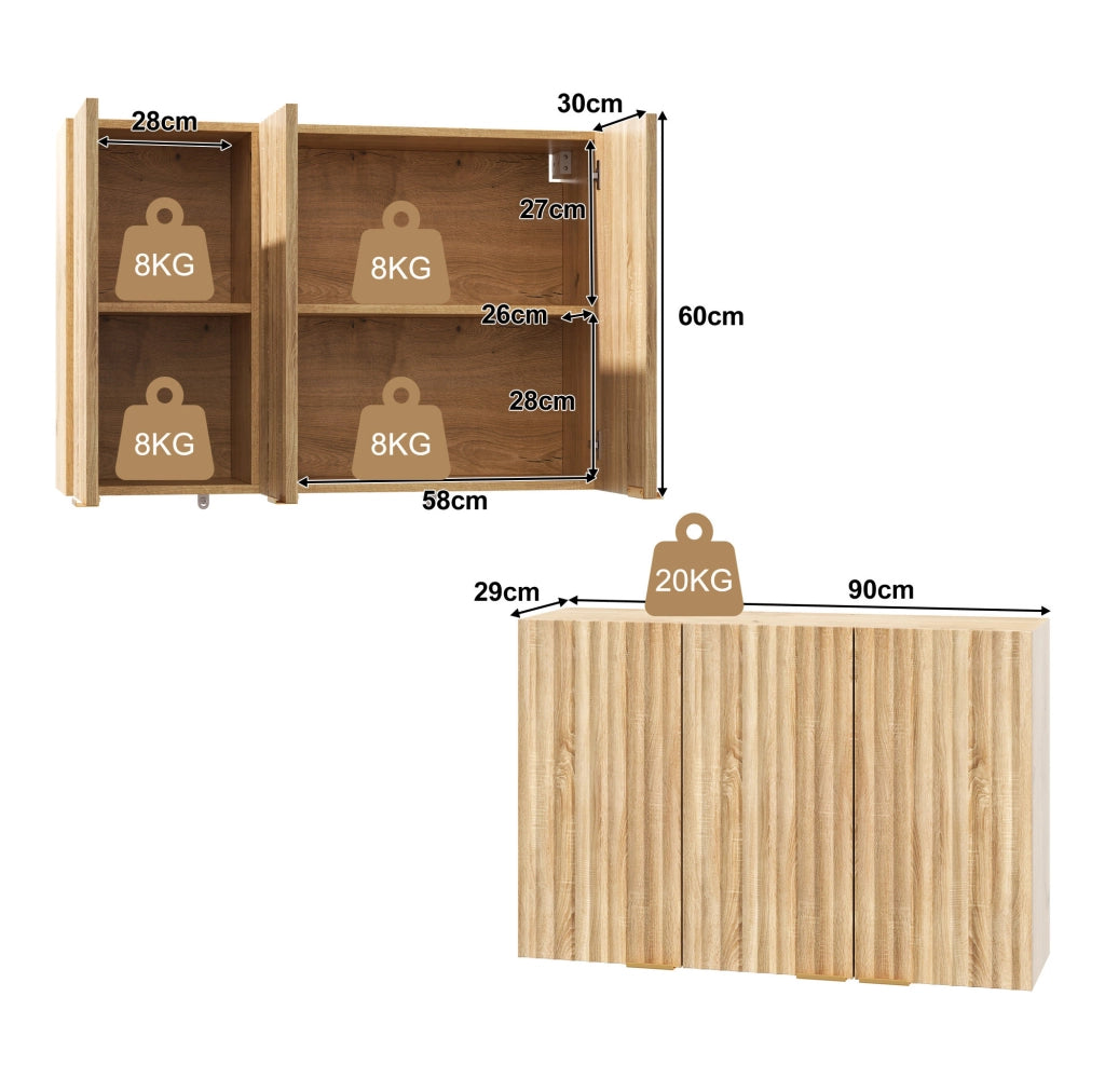 Pensile da parete a 3 ante 90 x 29 x 60 cm in MDF naturale; con maniglie dorate