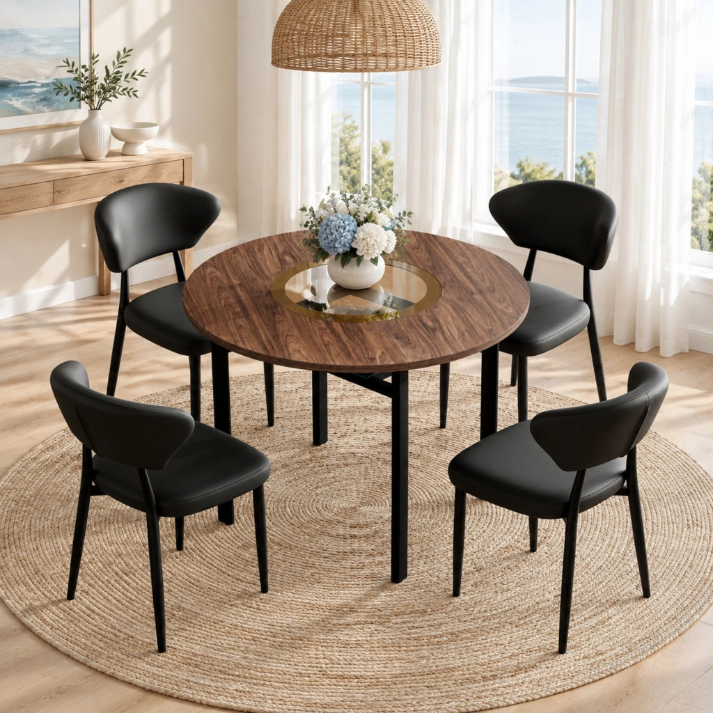 Set tavolo da pranzo rotondo Ø100 cm con 4 sedie in PU nero HOMVRA