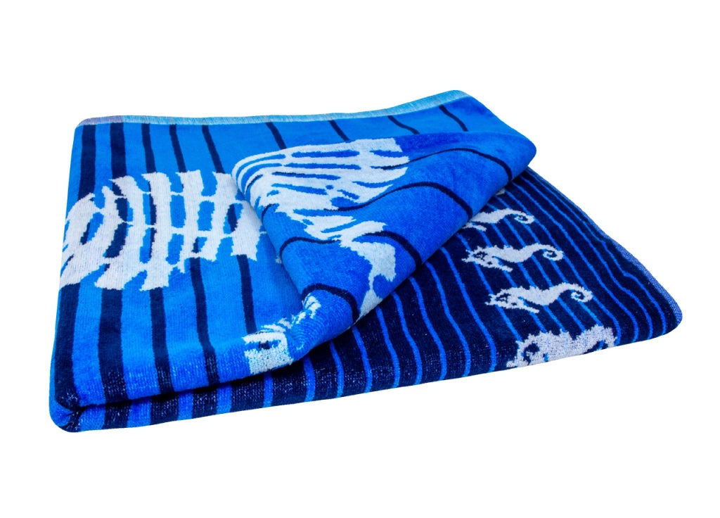 Telo Mare Jacquard Spugna Asciugamano Spiaggia Disegno Love Sea Horse - Telo Mare - Blu