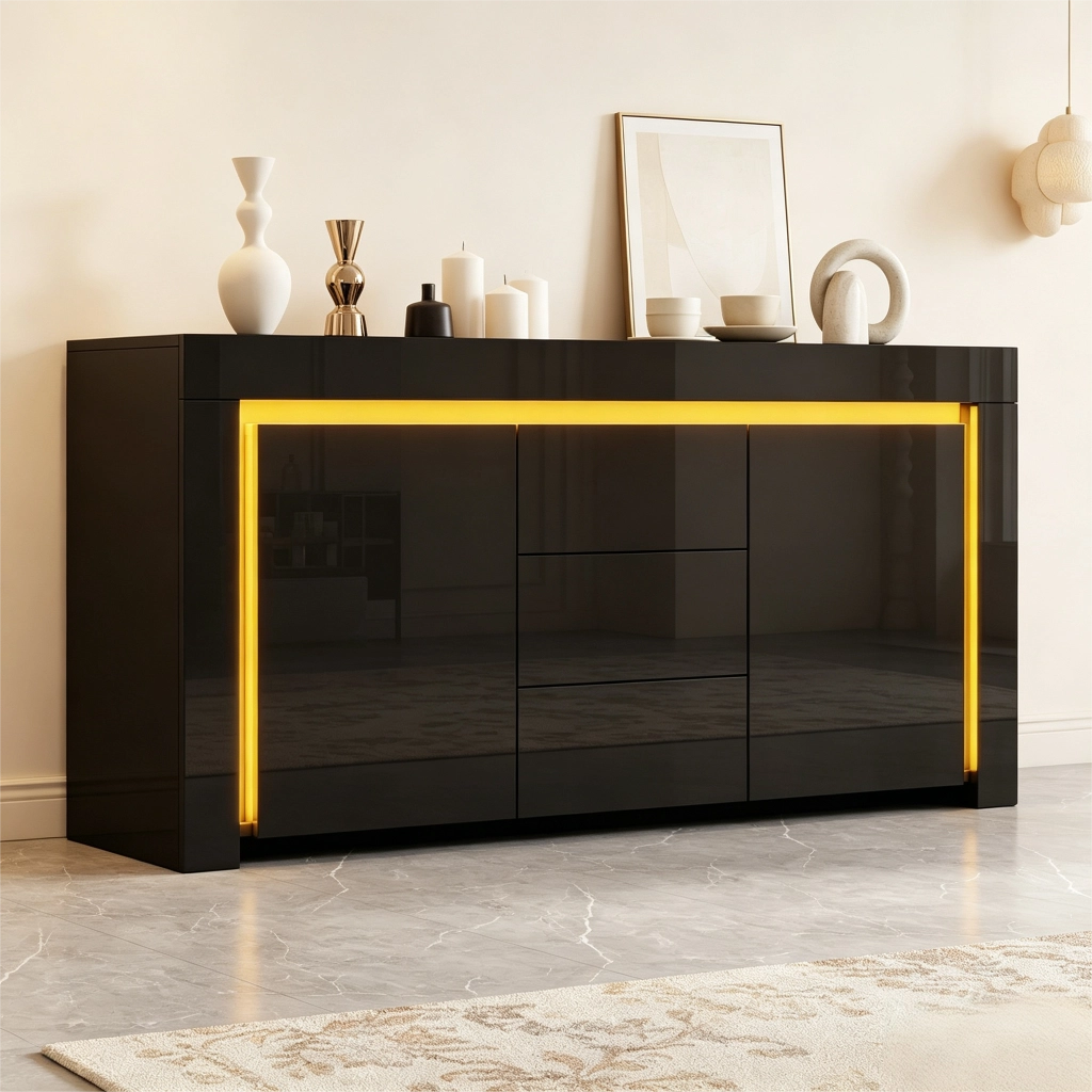 Credenza con LED controllabile tramite app 2 ante 3 cassetti frontale lucido in MDF nero 140 × 40 × 65 cm