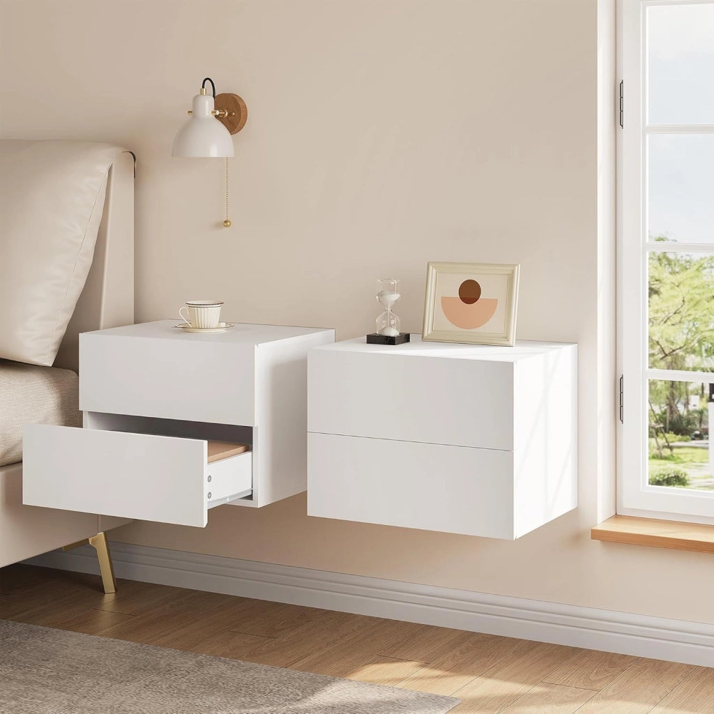 Set di 2 Comodini Sospesi con Cassetto, Comodini Galleggianti, 40x30x30 cm, Mobili per Camera da Letto in Legno, Salvaspazio, Moderno, Bianco