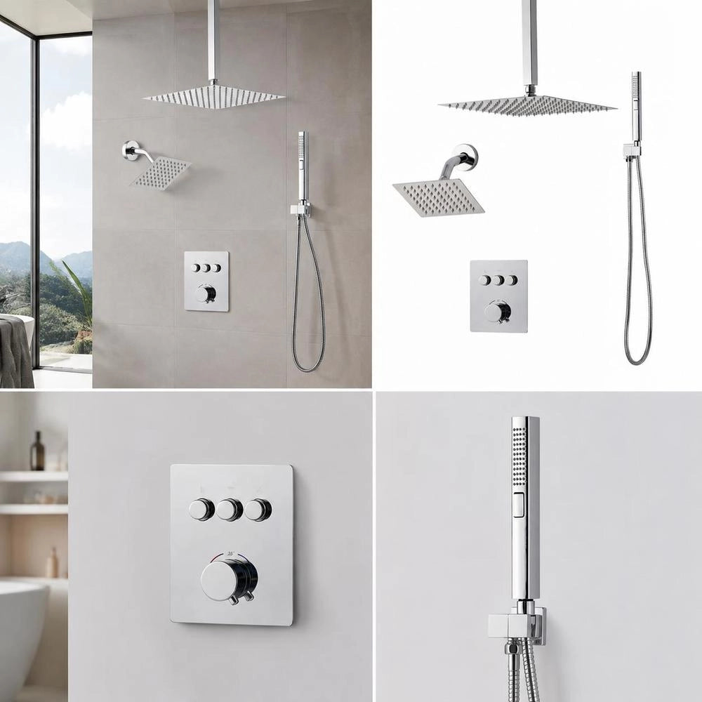 Shower System Set With 12-inch Rain Shower System / 6-inch Wall-mounted Head / 2-in-1 Hand Shower, Rotating Double Rain Head (3 Functions), Brass Valve And Cover Set, Chrome Thermostatic