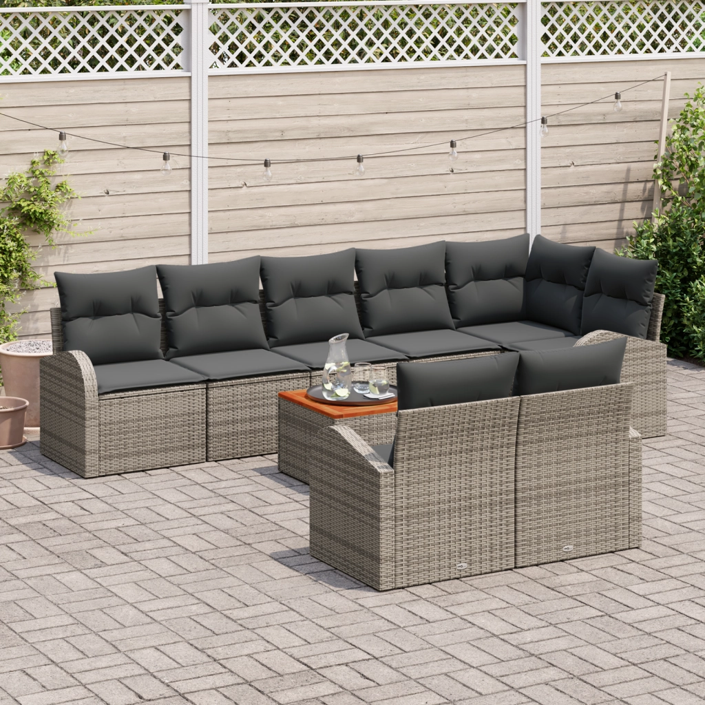 Set divano da giardino da 9 pezzi con cuscini grigio polyrattan acacia