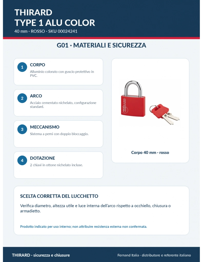 Lucchetto Type 1, alluminio, guscio PVC rosso, 40 mm, 2 chiavi - THIRARD