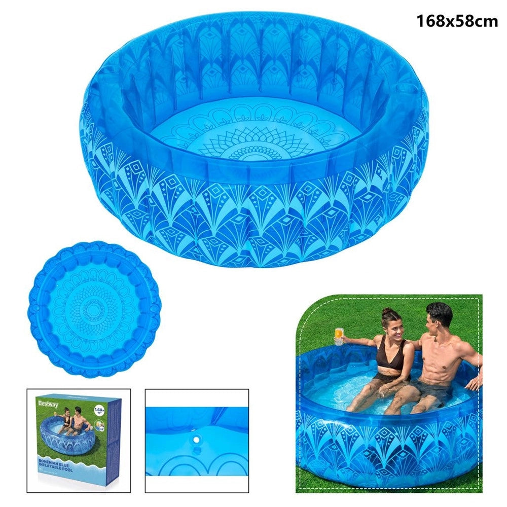 Trade Shop - Piscina Gonfiabile Familiare Motivo Elegante Bohémien Blu ø168x53cm 2 Portabicchieri 54479 -