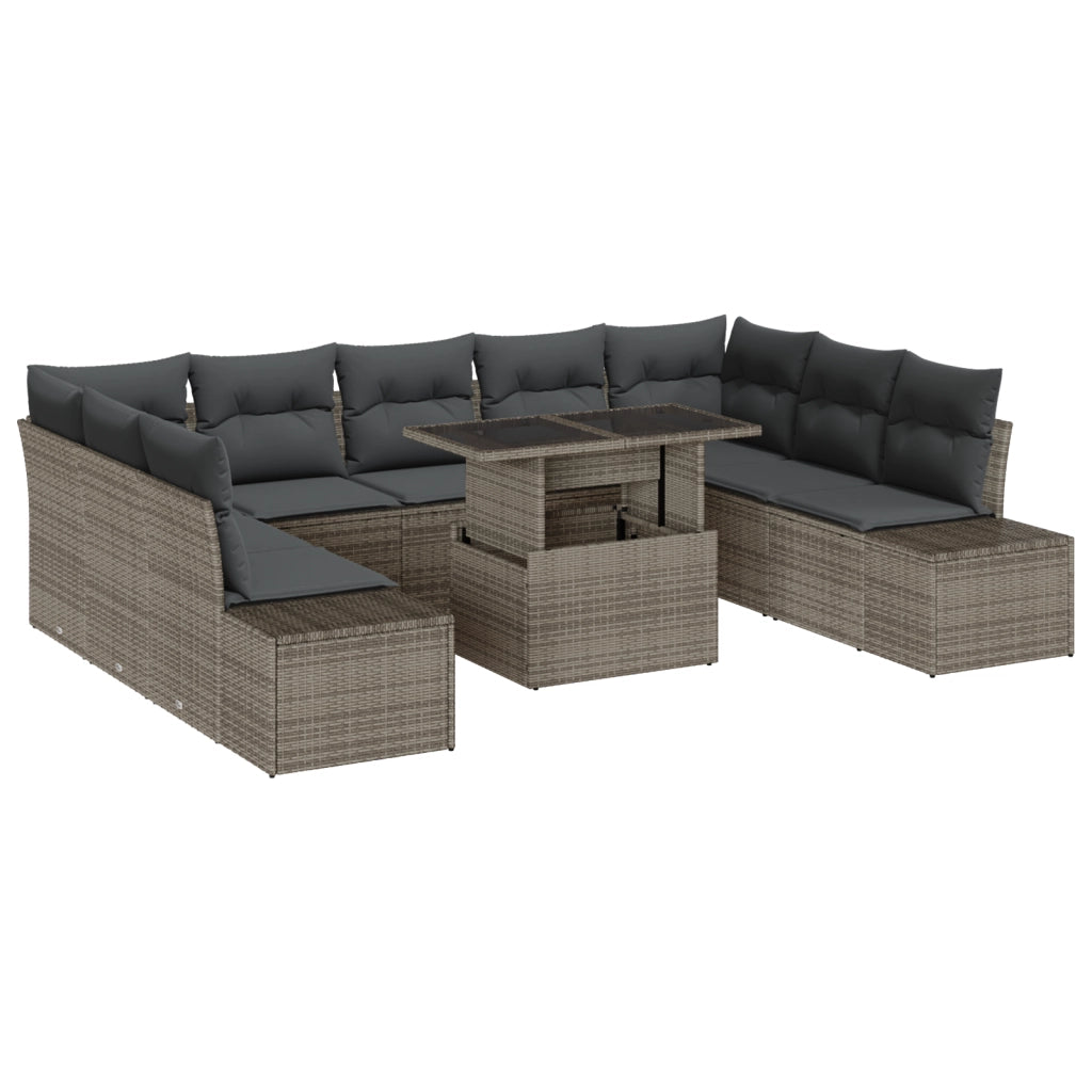 Set di SofÃ  da Giardino in 10 Pezzi con Cuscini Grigio in Polirattan