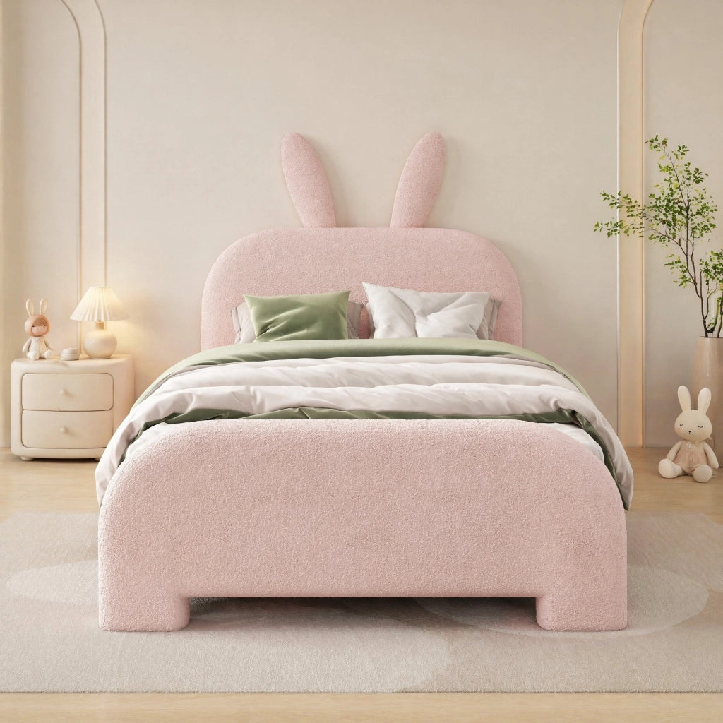 Letto imbottito per bambini 90x200 cm rosa con testiera coniglio e 2 cassetti