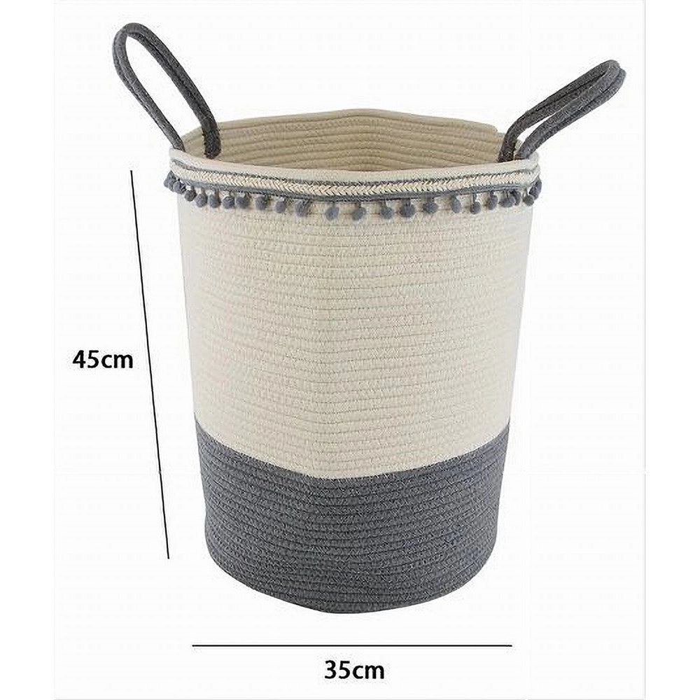 Trade Shop - Cesto Portaoggetti Per Biancheria In Corda Ponpon Grigi Con Manici 35x45cm 10672 -