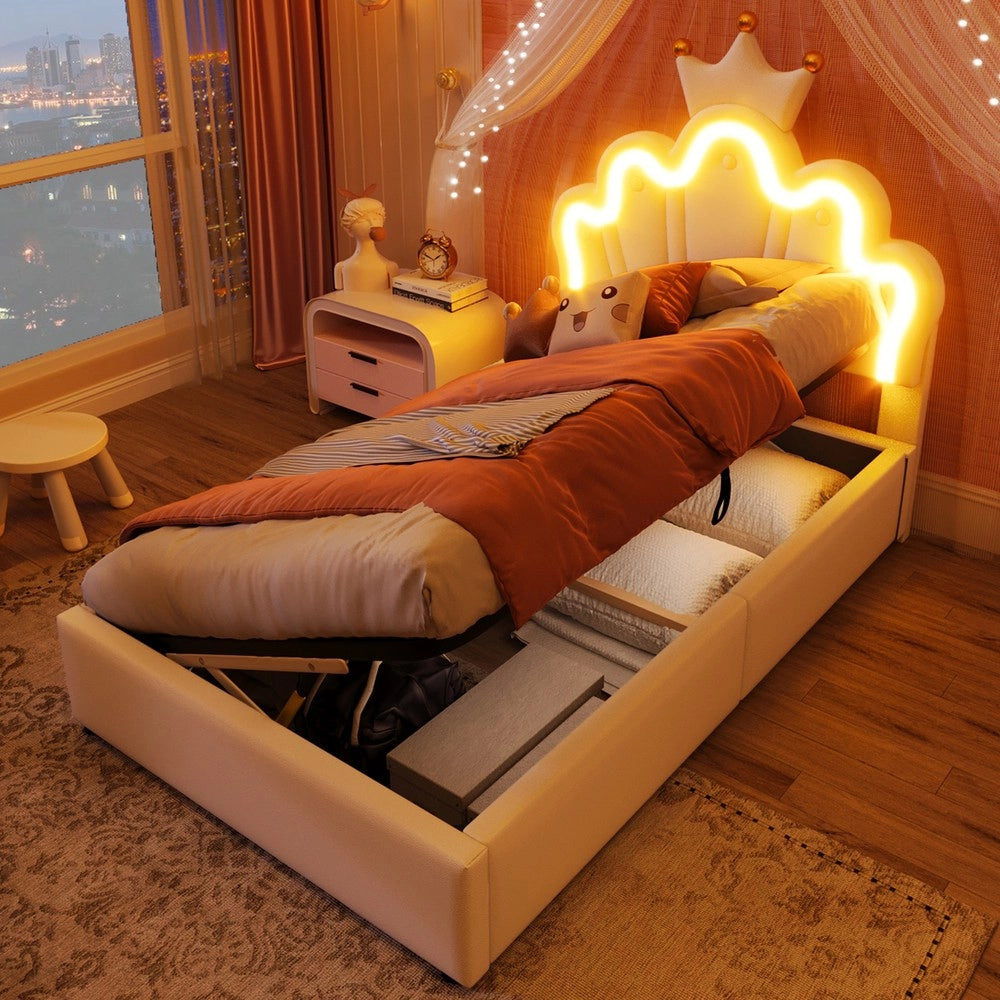 Letto Imbottito a Baldacchino con LED e Meccanismo Idraulico ¨C MINIMAL ¨C PU Bianco 90x200