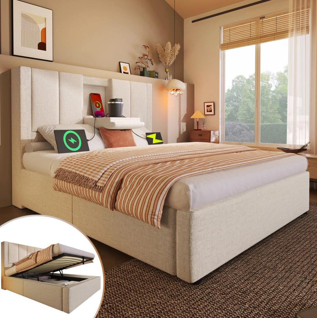 Letto imbottito 90x200 cm con porta bicchiere nascosto e stazione di ricarica