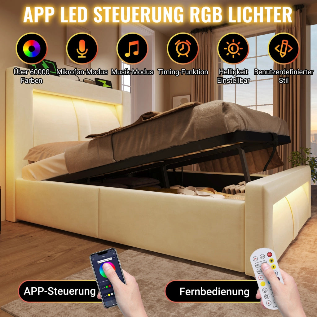 Letto singolo 90x200 con contenitore LED USB/Type-C in velluto beige