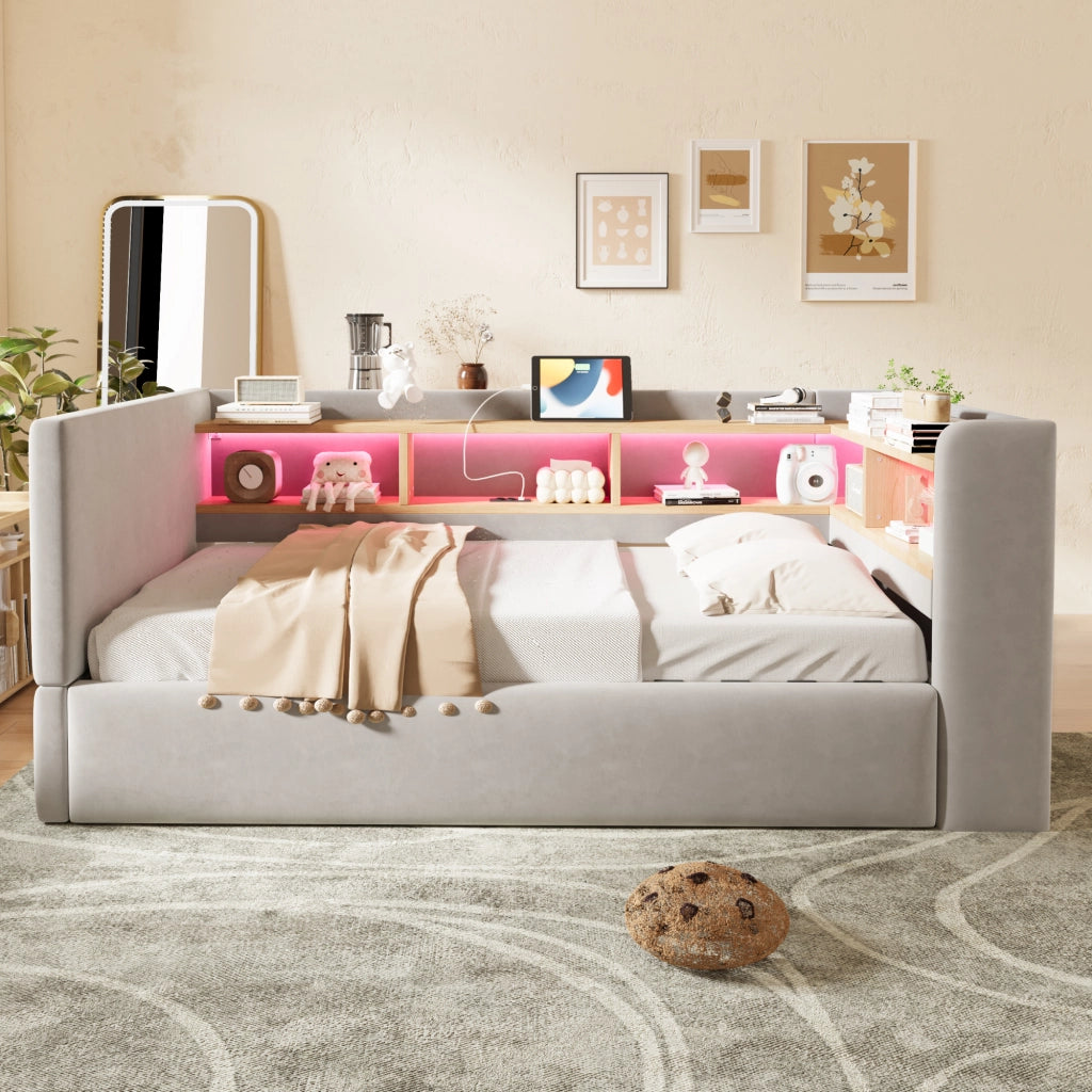 Divano letto imbottito con vano contenitore idraulico, luci LED e prese integrate, 90 x 190 cm, grigio chiaro