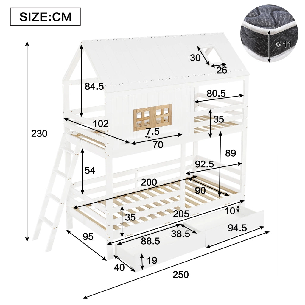Letto a Castello 90x200 cm - con 2 Cassetti; Finestre e Tetto - Bianco Naturale
