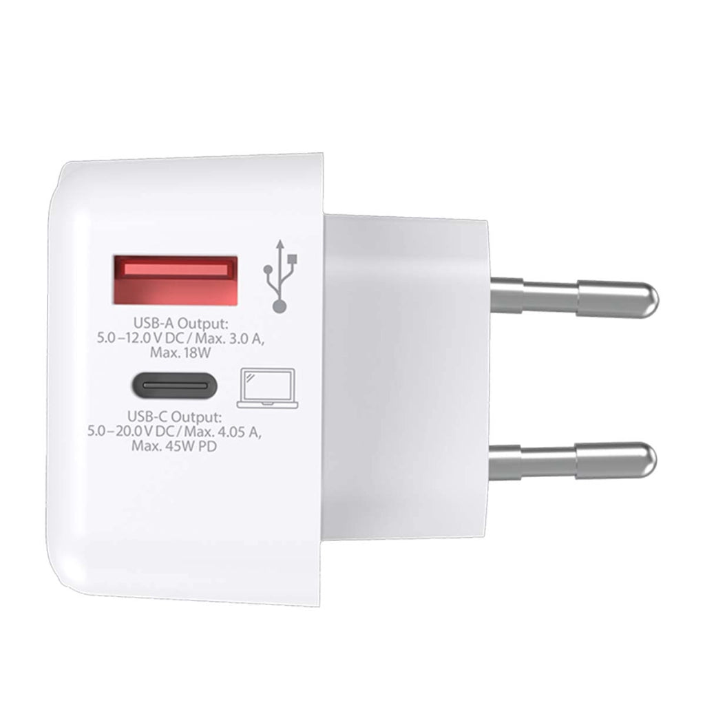 Adattatore caricatore da viaggio USB 18W e USB-C 45W Power Delivery Europa Bianco Skross