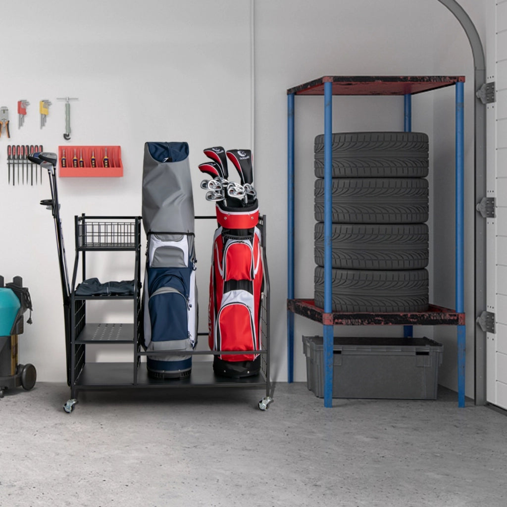 Organizer sacca da golf con ruote bloccabili e tasche porta mazze da golf, Carrello scaffale per borse da golf-Golf