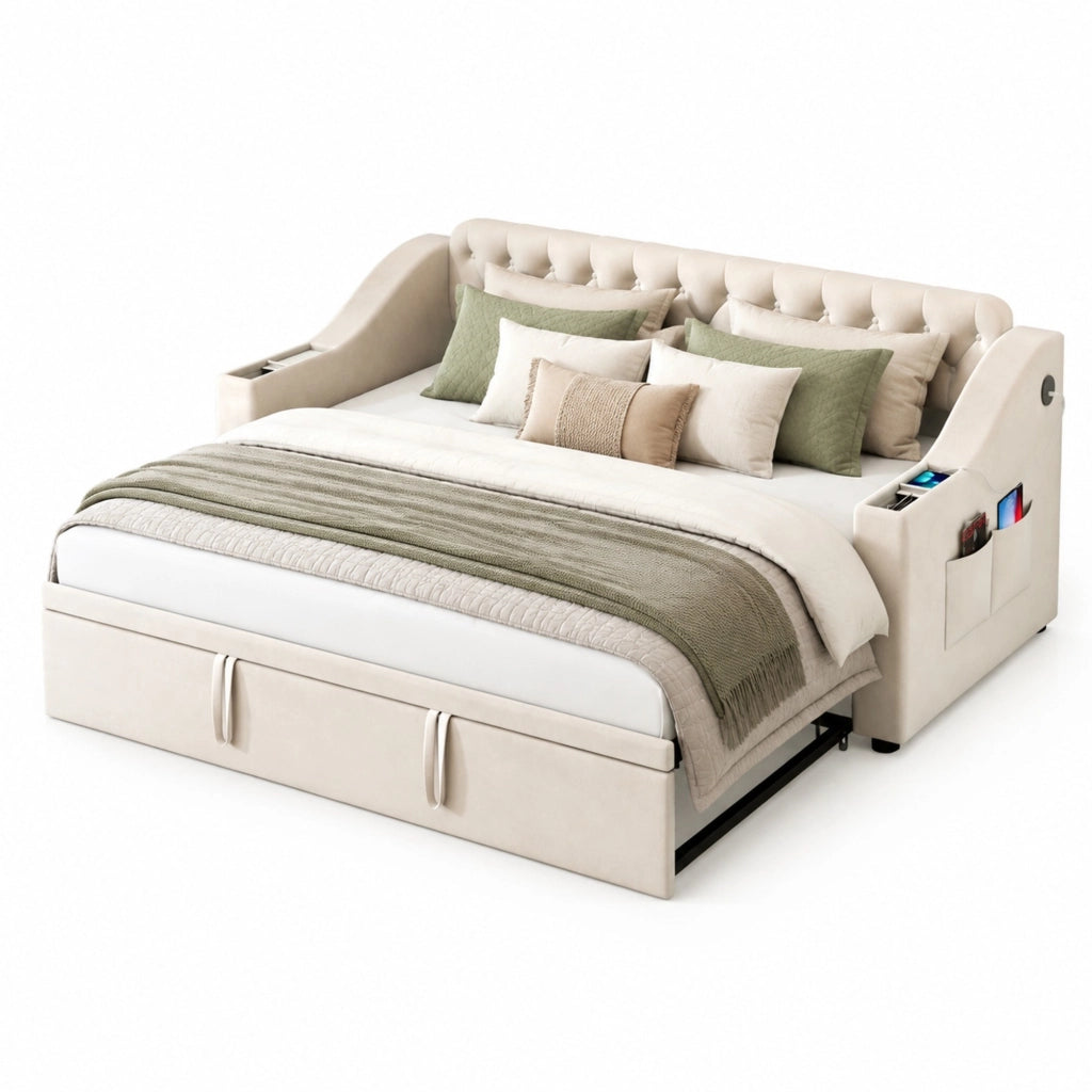 Divano letto imbottito 90x190 cm trasformabile in 180x190 cm; velluto beige con USB
