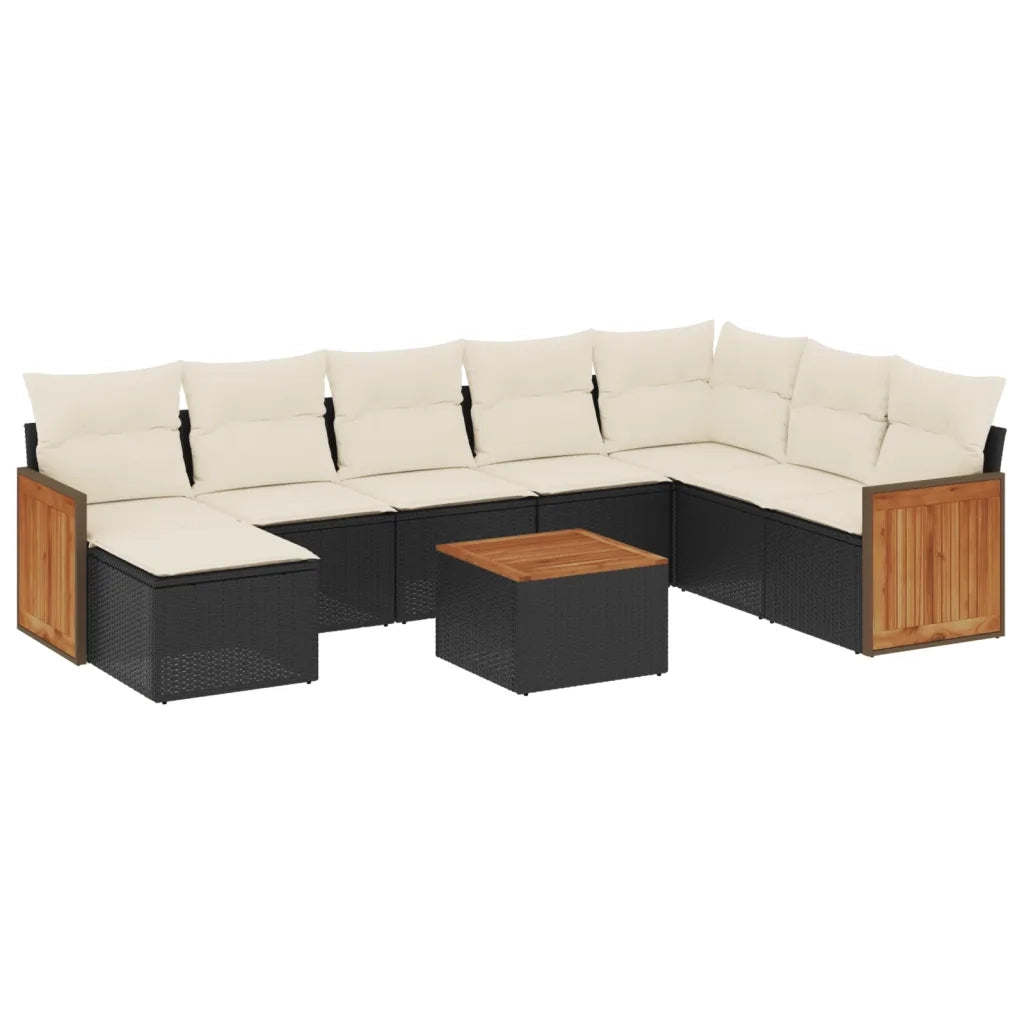 Set Divani da Giardino 9 pz con Cuscini Nero in Polyrattan