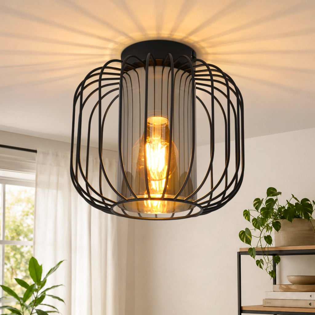 ZMH Lampada a Soffitto Vintage 1 Luce Con Paralume in Vetro E27 Nero Per Ingresso Camera da Letto Senza Lampadine