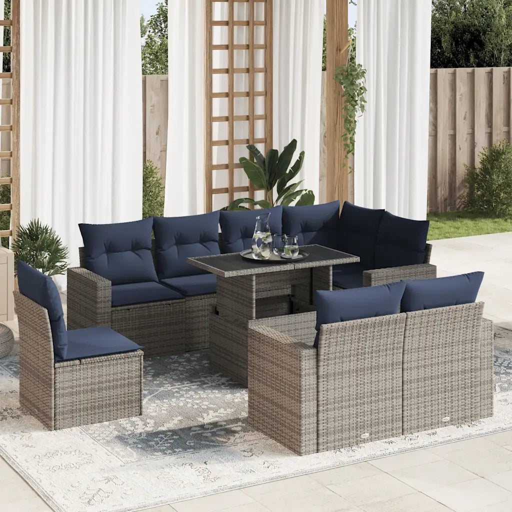 Set Divano da Giardino 9pz con Cuscini Grigio Polyrattan Acacia 3326342
