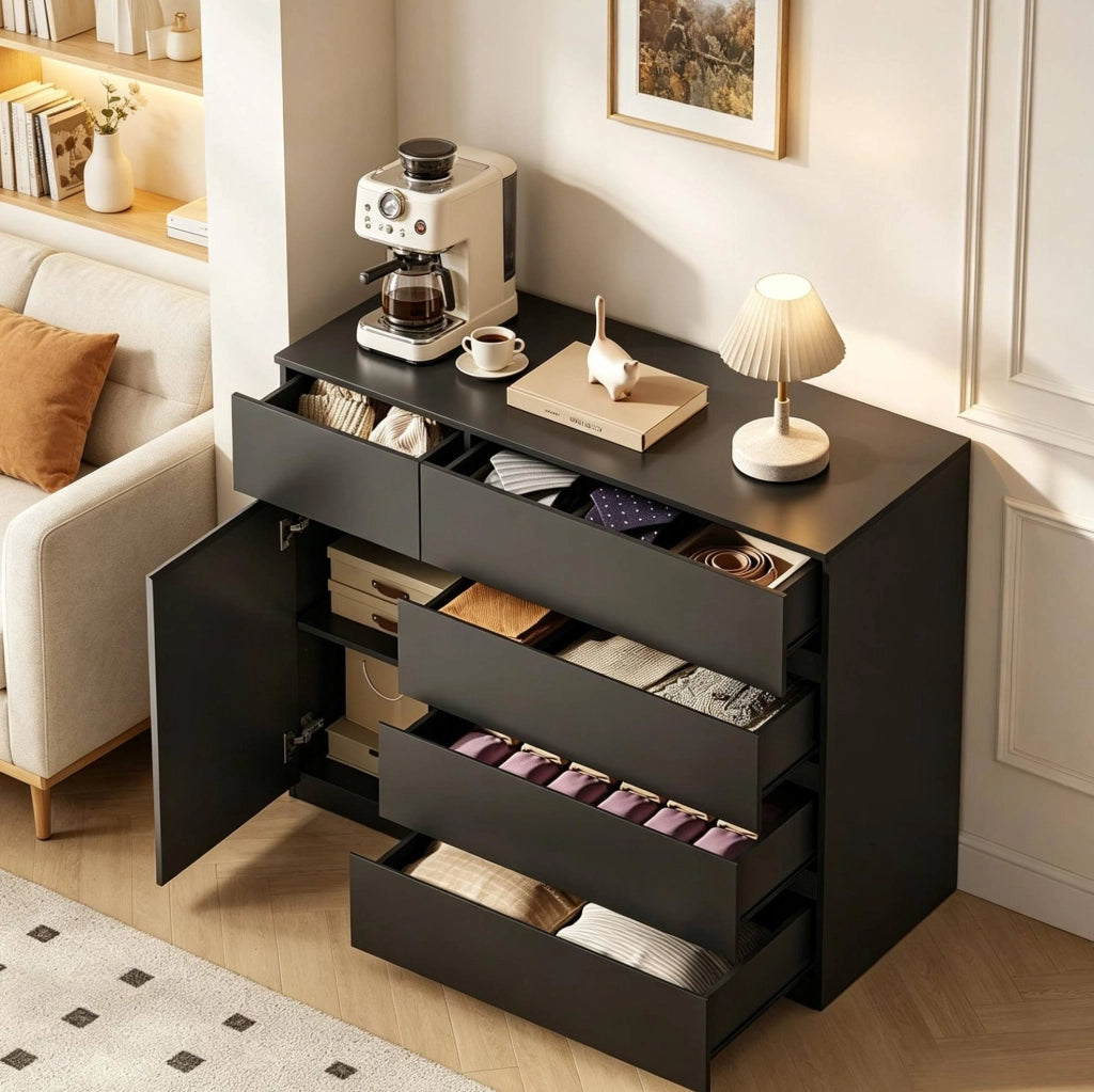 Credenza contenitore 100x40x80 cm con 5 cassetti e anta; nera
